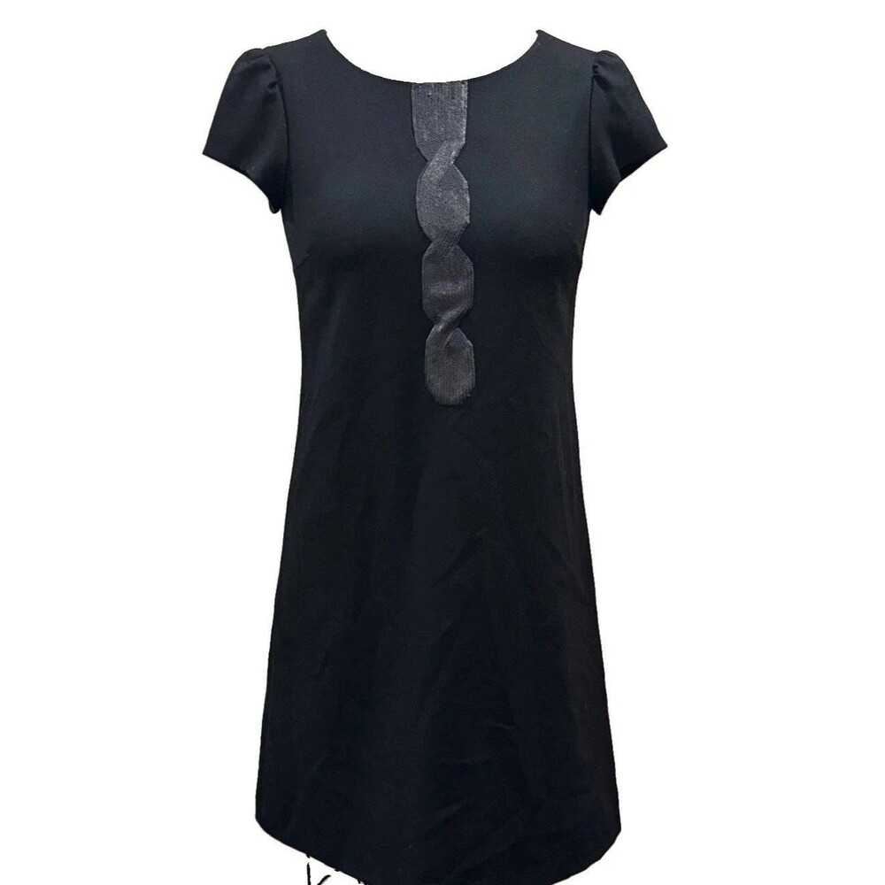 Theory BLK Wool Short Sleeve Dress With Sequin Neckline Women Sz 2 Minimal EUC - Picture 2 of 11